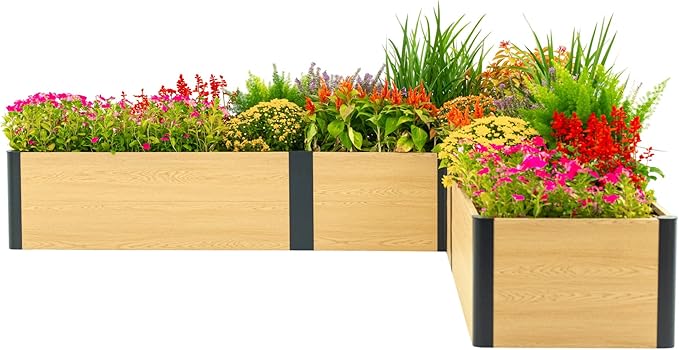 Vego garden Woodgrain Series Raised Garden Bed 16 Tall Wooden-Look 8' x 8' L-Shaped Metal Planter Box Outdoor for Vegetables Flowers Herbs