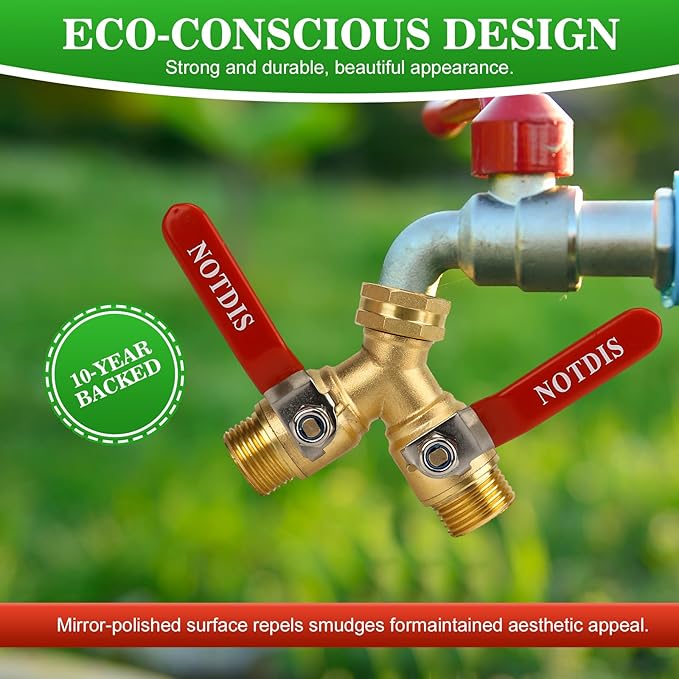 Hose Splitter 2 Way Heavy Duty Brass Garden Hose Splitter with 304 Stainless Steel Long Handle Outdoor Full Flow Hose Splitter ConnectorY Valve 3/4 Inch GHT Thread