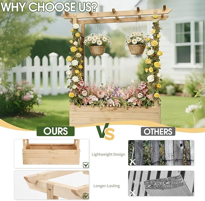 Outvita Raised Garden Bed with Trellis Wood Planter Box with Hanging Roof Side Trellis and Drainage Holes Above Ground Elevated Garden Bed for Outdoor Climbing Plants Vegetables (Natural Wood)