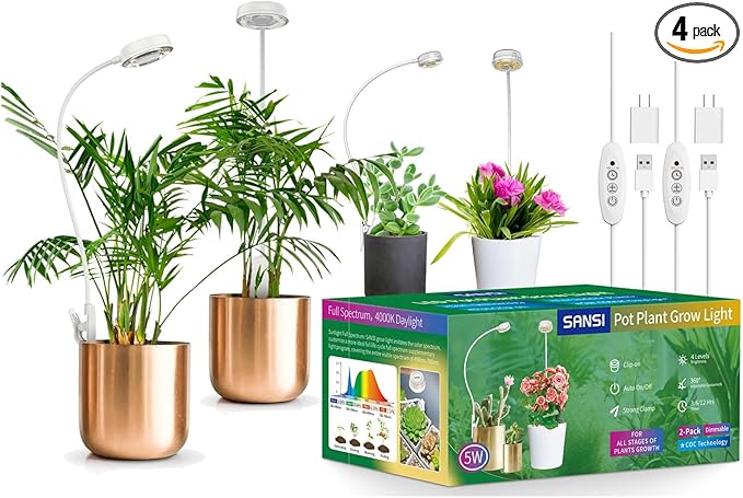 SANSI Grow Lights for Indoor Plants Pot Clip LED Plant Light 10W 2-Pack +5W 2-Pack 4-Level dimmable 3/6/12 Hours auto Timer Plants Lights for Indoor Growing