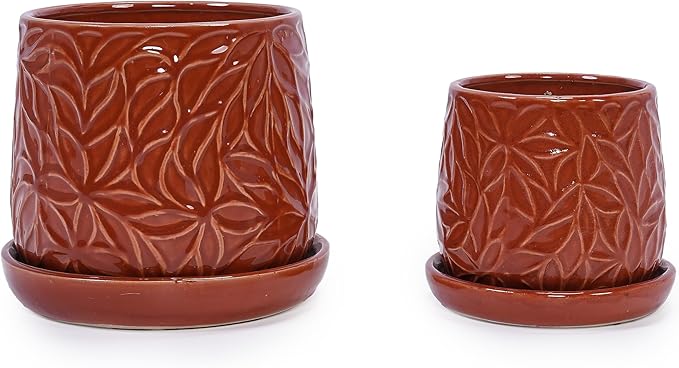 Handmade Ceramic Flower Pot with Leaf Pattern 6 8 Inch Diameter Rust Red Color for Orchids IndoorOutdoor Use on Windowsills Bookshelves Breathable Clay with Saucer