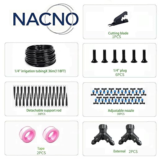 NACNO118FT Greenhouse Misting Cooling System - DIY Automatic Irrigation Kit for Hanging Plants Patio &amp Garden. Adjustable Atomizing Nozzles with 1/4 Tubing &amp Quick Connector Design.