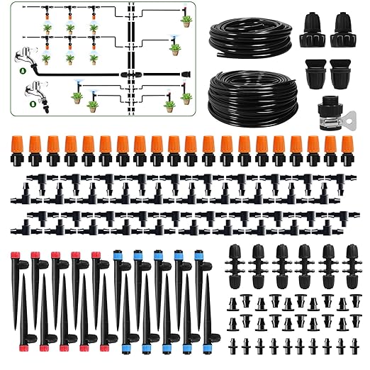 260 FT Drip Irrigation System Kit Automatic Garden Watering System with 2/5 &amp 1/4 Tube for Greenhouse Lawn Raised Bed Micro Misting Plant Sprinkler System Adjustable Drip Emitters