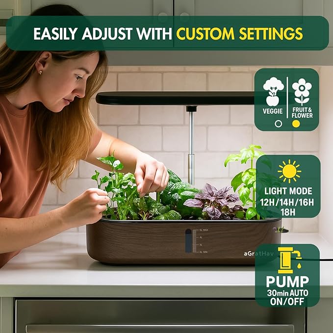 Hydroponics Growing System Kit Indoor Herb Garden 14 Pods Upgraded LCD Display LED Grow Light Quiet Smart Water Pump Automatic Timer Hydroponic Planter for Home Kitchen Office (Black)