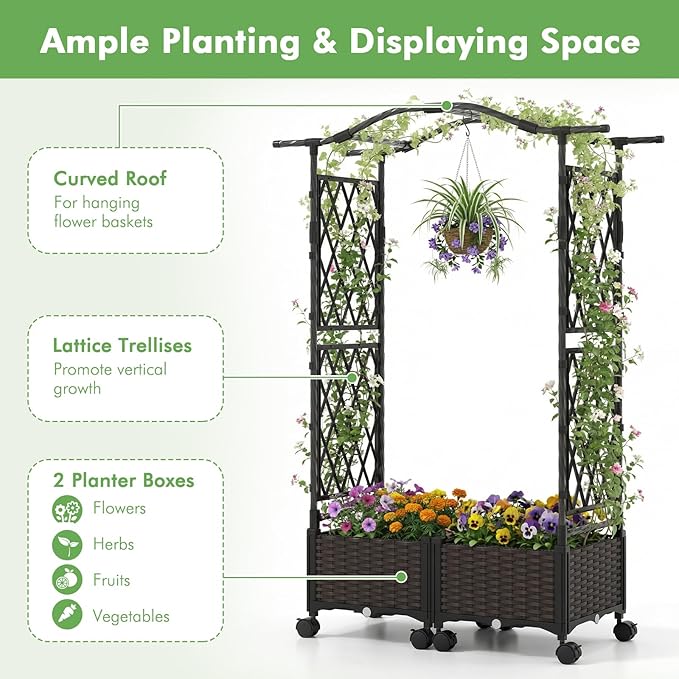HAPPYGRILL Raised Garden Bed with Trellis Tall Self-Watering Planter Box on Lockable Wheels w/Roof Weatherproof Rattan Garden Bed Outdoor for Climbing Vine Flower (41” x 16” x 58”)