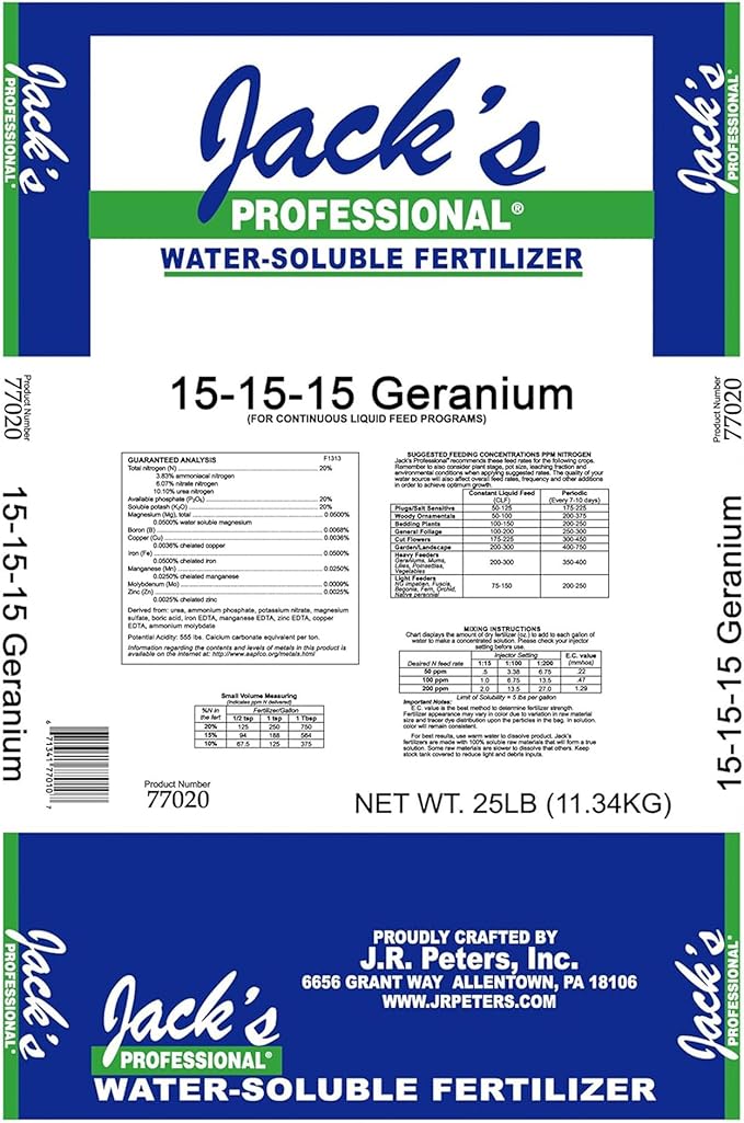 Jack's Professional 15-15-15 Geranium Water-Soluble Fertilizer with Micronutrients for Root Growth and Bud Set in Geraniums Grown in Continuous Liquid Feed Programs 25lbs