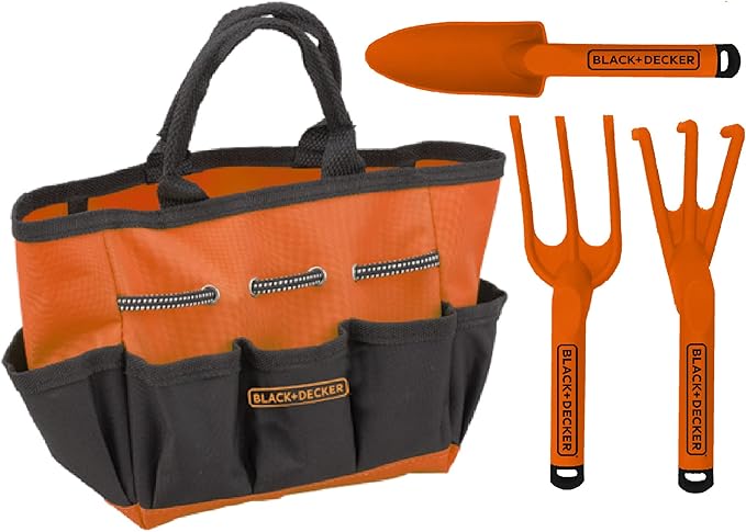 Black &amp Decker Four Piece Gardening Hand Toolset for Kids – Garden Tool Bag That Holds Plastic Hand Tools