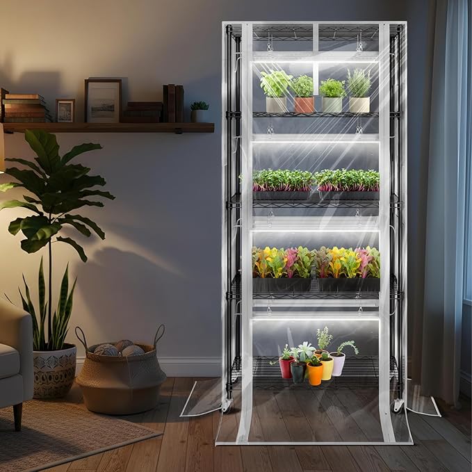 SOLIGT Indoor Greenhouse with Grow Lights - 5 Tier Plant Shelf &amp 8 x 2FT 6000K Full Spectrum Lights Thick PVC Cover Mesh Ventilation Mini Small Greenhouse Cabinet for Seed Starting Seedlings Gr