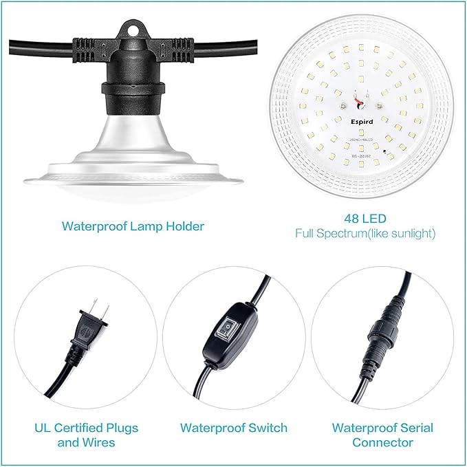 Espird 6-Light LED Grow Light Plant Growing Lamps with Timer Outdoor Waterproof Grow Light String for Greenhouse Full Spectrum Grow for Seeding Veg Flowers
