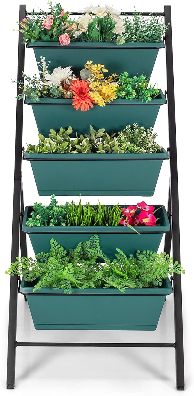 Giantex Set of 2 Vertical Planter Raised Bed Elevated Garden Beds with Water Drainage Hole Freestanding 5 Container Boxes for Herb Vegetables Flowers Growing Outdoor Indoor Patio Balcony