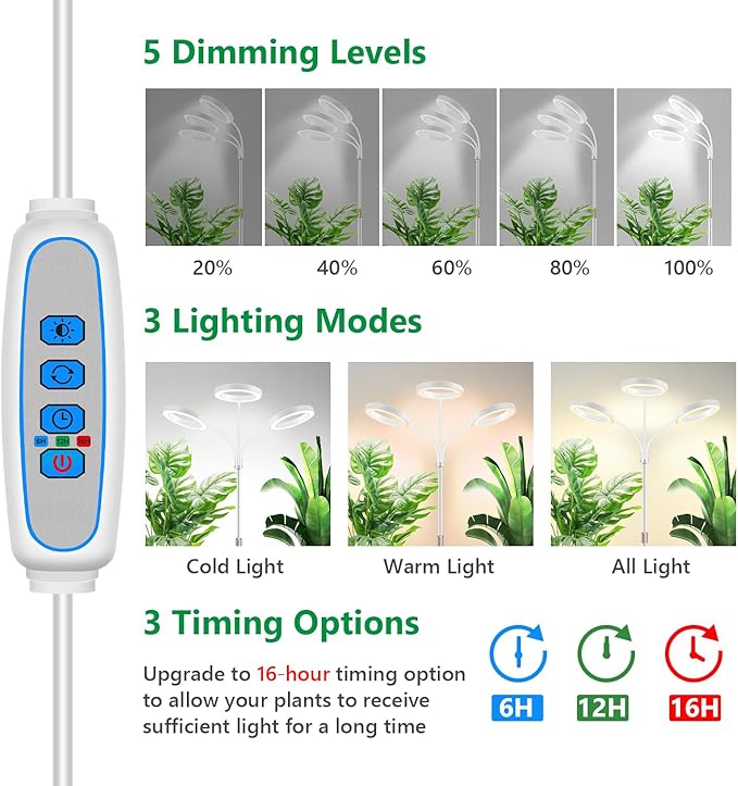 Grow Lights for Indoor Plants 3 Head Full Spectrum Plant Light with 68 Adjustable Stand for Growing Large Tall Plants White Halo Floor LED Grow Lamp with 16 Hour Timer