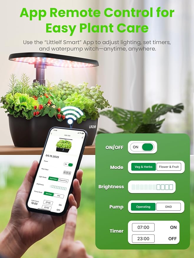 litokam Hydroponics Growing System Kit 15-Pod Indoor Herb Garden Planter with 24W Grow Light &amp APP Control Indoor Gardening System with 2 Grow Modes Quiet Pump &amp 24H Timer