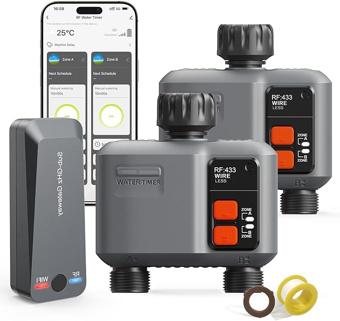 WiFi Sprinkler Timer 2 Zone with 984 Feet RF Gateway 2 Pack Smart Water Timer for Garden Hose with Rain Delay/Manual/AutomaticWiFi Water Hose Timers for Garden &amp Lawns