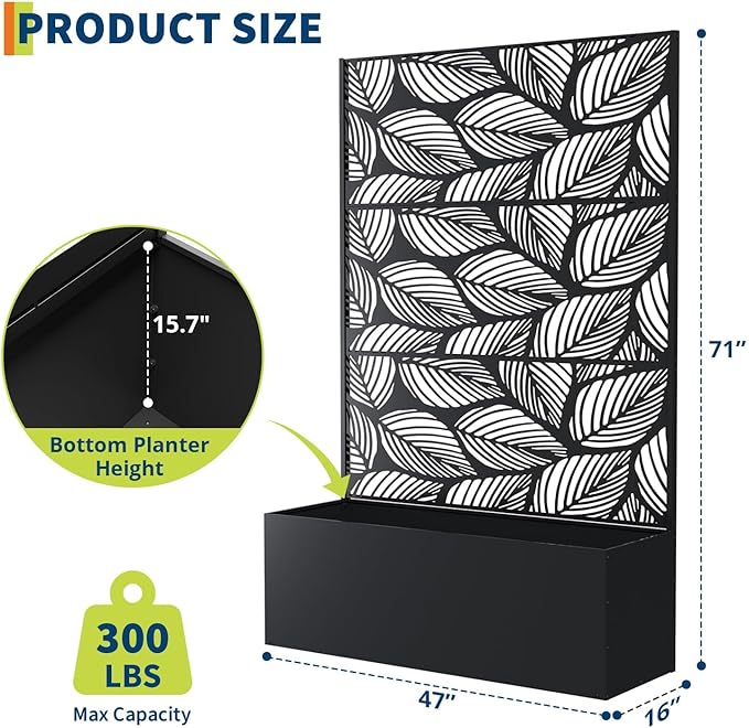 Garvee Metal Raised Garden Bed with Trellis 71x47x16 Metal Planter Box with Trellis Privacy Screen for Climbing Plants Vegetable Vines Drainage Holes 15.8 Deep Planting Bed Black
