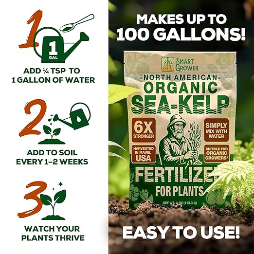 Organic Sea Kelp Fertilizer for Plants – Water-Soluble – Makes 100 Gallons – Kelp Meal Concentrate Plant Food – for Indoor Gardens Hydroponics Vegetables Houseplants - Smart Grower - 4oz Bag