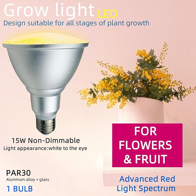 PAR30 LED Grow Light Bulb for Indoor/Outdoor Plants Full Spectrum 15 Watt (150W Equivalent)4000K Color Temperature Natural Light E26 BaseIP65 Waterproof 2 Pack