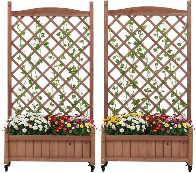 Raised Garden Bed with Tr2 Pack Outdoor Wooden Planter Box Plant Stand with Climbing Racks