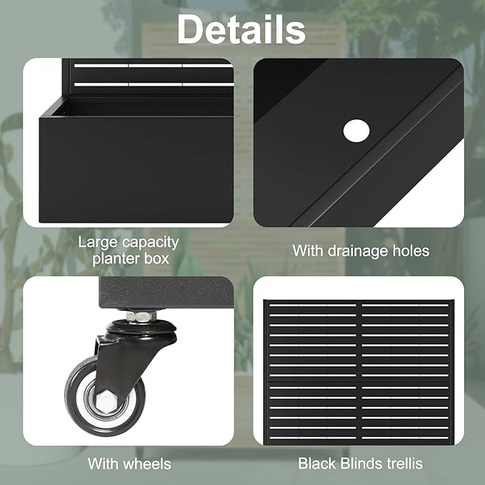 Metal Planter Box with Trellis Large Raised Garden Beds with Trellis for Climbing Vegetables Plants Privacy Screen Planter Box with Drainage Holes for Patio (47L×16W×71H Black Blinds)