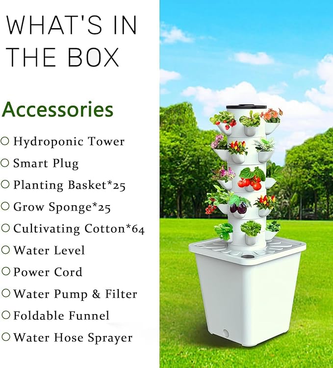 30 Pods Hydroponic Growing System Vertical Garden Planter Hydroponics Tower Indoor Smart Garden Kit Aeroponics Growing Kit with Hydrating Pump AdapterNet PotsTimer for HerbsFruits Vegetables