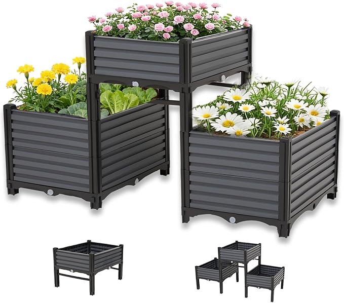 3PCS Raised Garden Beds Outdoor with Legs Planter Box 47x16x21in Reinforced Support Rods Drainage Grid Multi-Combination Options for Vegetables Flowers Herbs Ideal for Balcony Patio Gardening