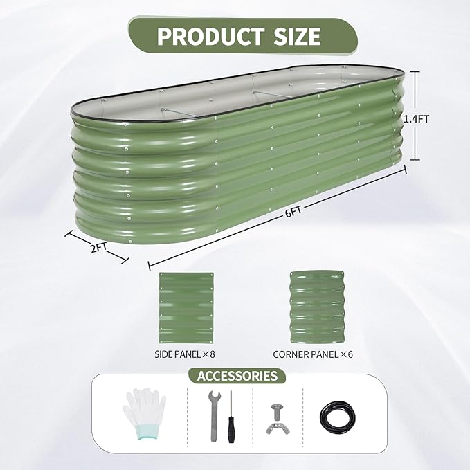 Galvanized Raised Garden Bed Outdoor- Raised Beds for Gardening| Metal Planter Box Steel Raised Garden Bed Kit with Safety Edging and Gloves for Vegetables Flower Herbs (6x2x1.4FT Green)