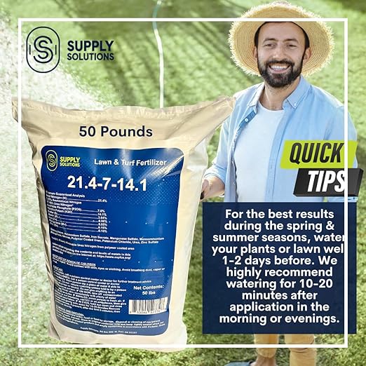 Supply Solutions 21.4-7-14.1 Lawn and Turf Fertilizer with Iron - Achieves a Lush Green Lawn in Weeks - Turf Builder for All Grass Types - for Greener Grass Fertilizer (50lbs)