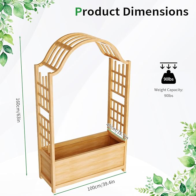 SUNYRISY Raised Garden Bed with Arch Trellis Wooden Outdoor Vertical Planter Box for Climbing Plant Vine Flowers Vegetables Planter Raised Bed with Hanging Roof and Drainage Holes