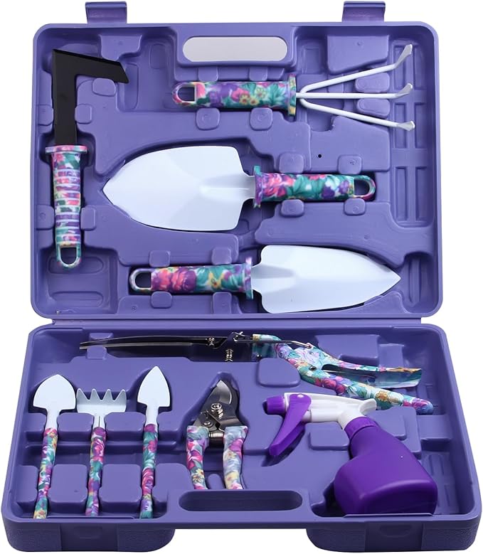 Garden Tools Set JUMPHIGH 10 Pieces Gardening Tools with Floral Print Ergonomic Handle Trowel Rake Weeder Pruner Shears Sprayer Garden Hand Tools with Carrying Case Gardening Gifts for Women Father