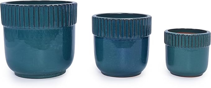 Handmade Glazed Ceramic Planter Set of 3 15129 Inch Diameter Ribbed Pattern for Monstera and Fiddle Leaf Fig Outdoor G Indoor Staircase Use Breathable Clay Teal