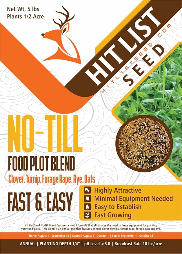 No Till Food Plot Seeds for Deer [Annual Mix] – Throw and Grow Food Mix – Deer Seed Blend with Clover Rye Turnip Brassica Oats – No Plow Planting – 5 lbs