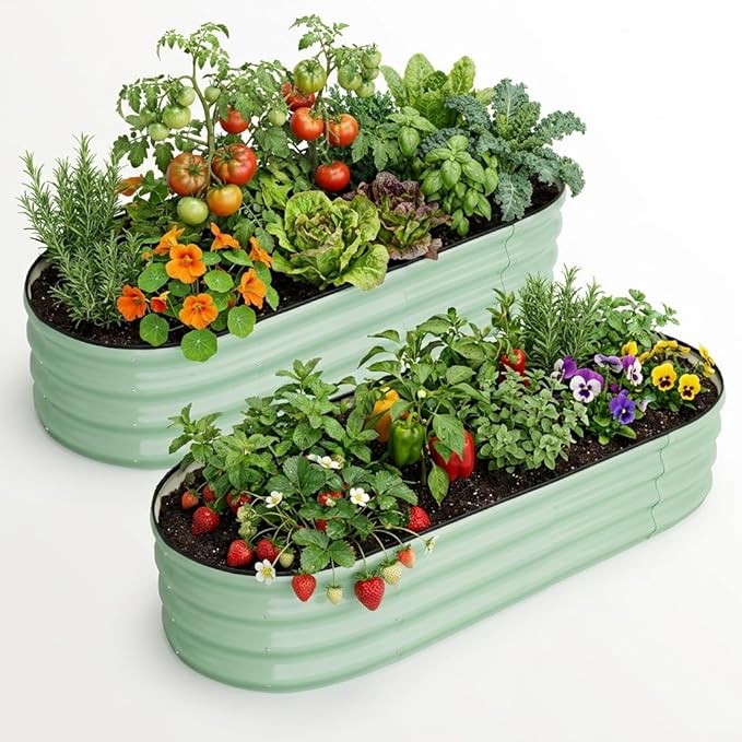 CABIHOME 2-Packs-Oval Galvanized Raised Garden Beds 4.5x2x1.5Ft Metal Planter Boxes with Open-Ended Base for for Gardening Vegetables and Flowers Olive Green