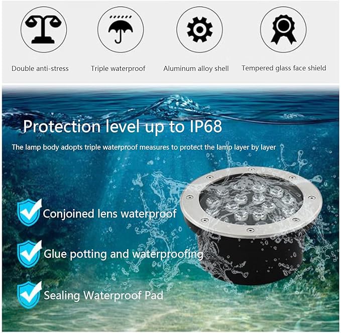 Underwater Pond Light Submersible Led Pool Lights IP68 Waterproof Stainless Steel Fountain Light Low Voltage DC12/24V Recessed Underground Light For Landscape Walls Spotlights(Warm light15W-DC