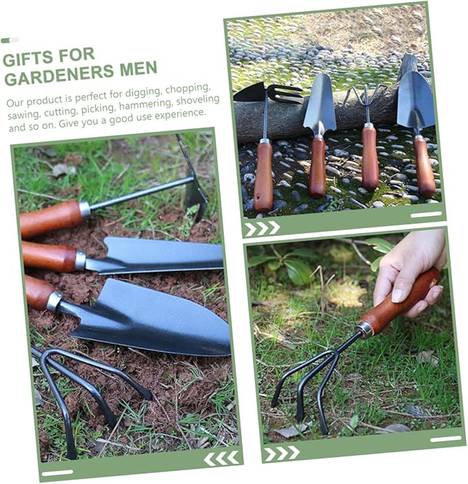 Garden Tool Set 4pcs Handheld Shovels for Digging and Planting with Extended Narrow Spade Three-Prong Rake Dual-use Hoe and Rake Soil Scoop for Outdoor Gardening and Plant Care