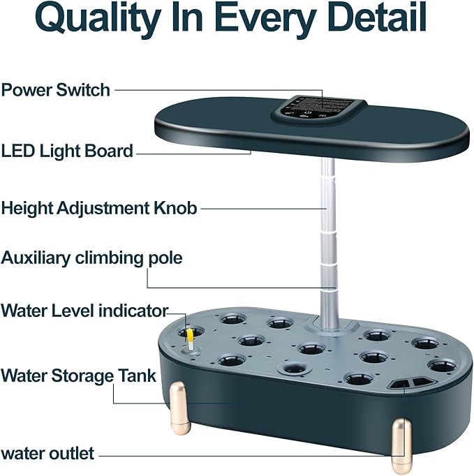 Indoor Garden Hydroponics Growing System12 Pods Plant Germination Kit Aeroponic Herb Vegetable Growth Lamp Countertop with LED Grow Light Hydrophonic Planter Grower Automatic Water Circulation (Black)