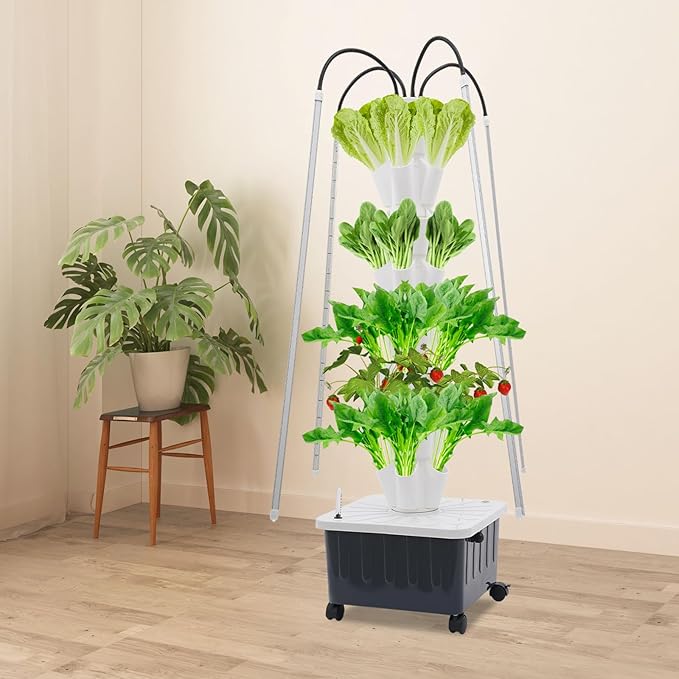 Hydroponics Growing System Tower Kit with Led Light 40pods Vertical Hydroponic Tower 8 Layer Hydroponics Tower Indoor Garden for Herbs Fruits and Vegetables (White)