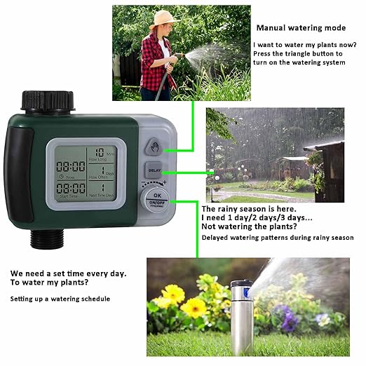 64FT Drip Irrigation Kit with Garden Timer Plant Watering System with Tubing Gushing Nozzles and Water Timer Quick Connector Kits Easy to Assemble