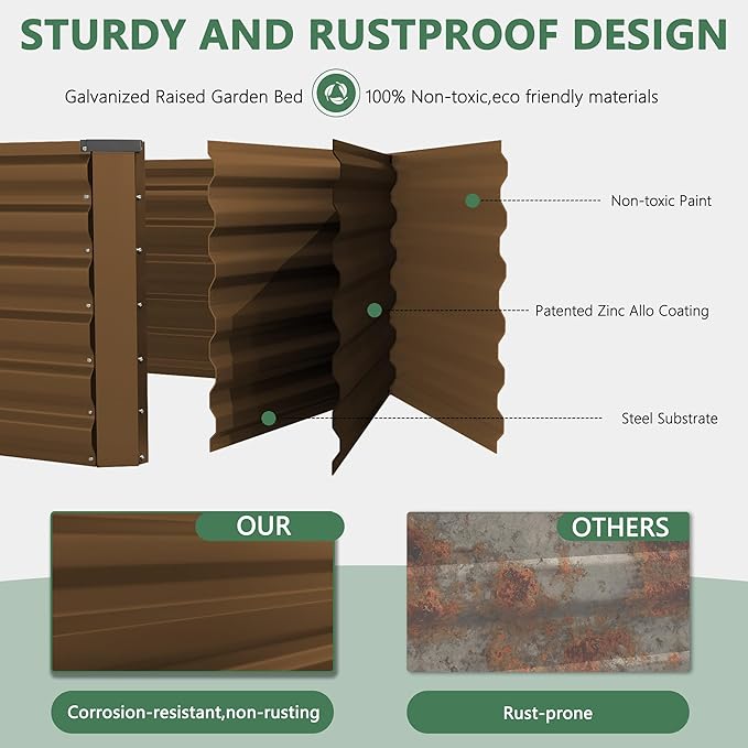 FOOWIN 8x4x2ft Galvanized Raised Garden Bed Planter Raised Garden Boxes Outdoor Large Metal Raised Beds for Gardening Garden Bed for Vegetables Flowers Herb478 Gallon Capacity Brown
