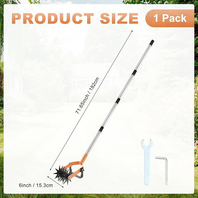 2-in-1 Rotary Cultivator Tool 72 Inch Adjustable Garden Hand Tiller with Star-Shaped Rolling Tines Weeder &amp Soil Aerator for Loosening Mixing Soil/Lawn Care/Reseeding Grass