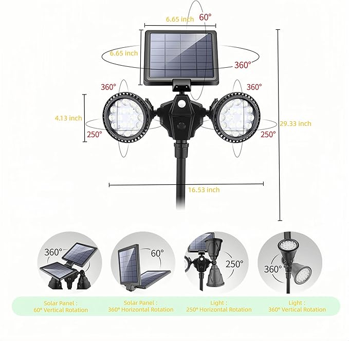 Solar Spot Lights Outdoor Waterproof Double Head Adjustable Bright LED Solar Motion Sensor Lights for Outside Garden Flag Pole Light Landscape Lighting for Patio Deck Yard Driveway
