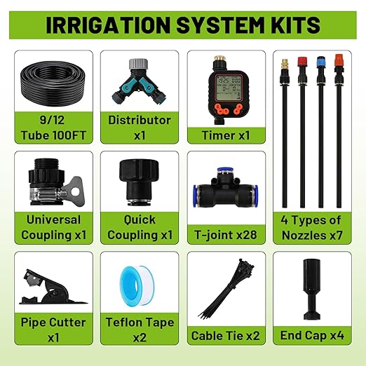 100FT Drip Irrigation Kit - 28 Adjustable 360° Nozzles &amp T-Connectors for Garden Lawn &amp Plant Watering System