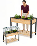 GOJ Raised Garden Bed Wood 48x24x32 inch with Greenhouse &amp Lockable Wheels - Elevated Wood Planter Box for Outdoors Vegetable Flower Bed Herb Planter - 400 lbs Capacity
