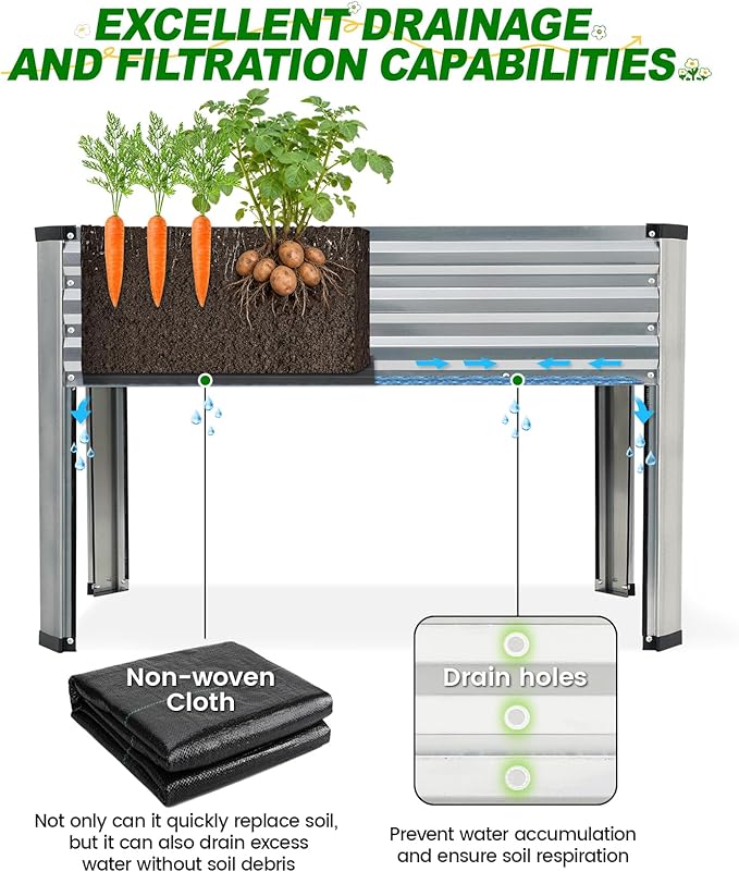 Galvanized Raised Garden Bed with Legs 48x24x32in Elevated Raised Garden Bed Outdoor with Drainage Holes Planter Boxes for Gardening Vegetable Flower Fruit in Backyard Patio Balcony (Silver)