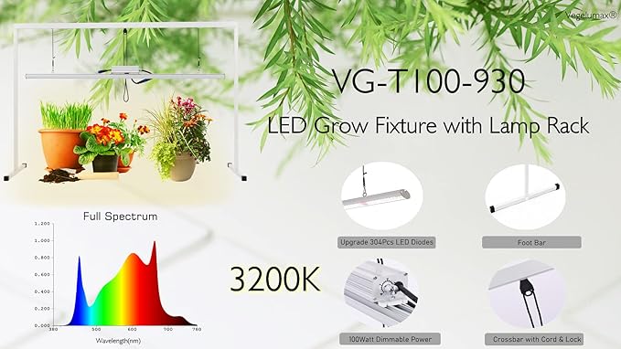 LED Grow Light Lamp Stand for Plant Vege Flower Herb GrowthFull Spectrum CRI 90+ White Light CCT 3200KIsolated Dimming Power with On/Off SwitchHeight Adjustable100W4FT