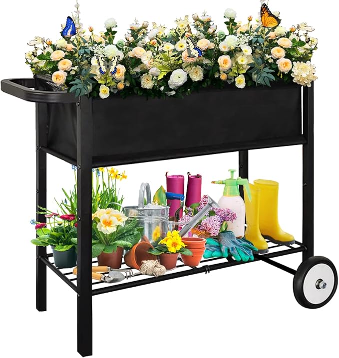 Koutemie Outdoor Raised Planter Bed Box with Legs for Gardening Elevated DIY Garden Cart on Wheels for Vegetables Flower Tomato Herb Plant Black