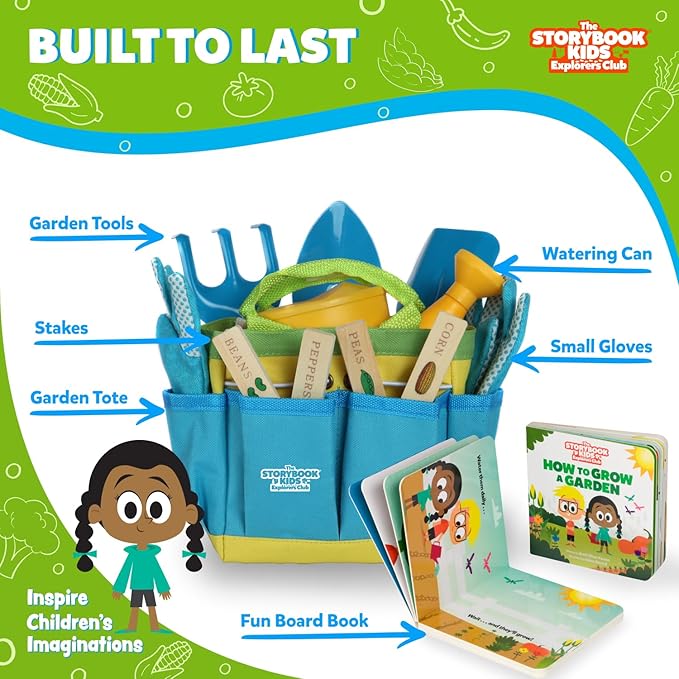 Blue Kids Gardening Tools - Includes Sturdy Tote Bag Watering Can Gloves Shovels Rake and Delightful Children's Book - Kids Garden Tool Set -Easter Gifts for Toddler Age on up.