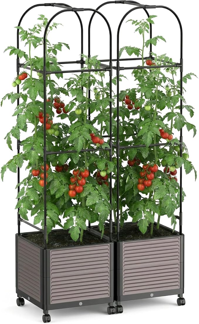 Raised Garden Bed Planter Box with Trellis 61''H Tomato Planters for Climbing Plants Vegetable Vine Flowers Outdoor Patio Tomato Cage Self Watering Planter with Wheels