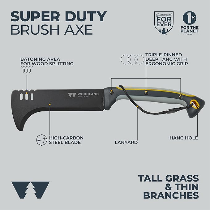 Woodland Tools Super Duty Brush Axe – 9 Inch Curved Blade with Triple Pinned Full Tang Long Handle Batoning Spine and Ballistic Nylon Sheath – Manual Tool for Brush Clearing and Trail Work