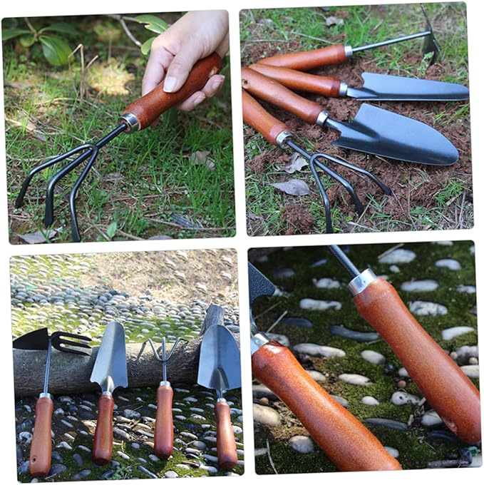 Toyvian Garden Hand Tool Set 4pcs with Extended Narrow Spade Triple Claw Rake Dual-use Hoe and Rake and Soil Scoop for Planting and Digging in Planters and Gardens