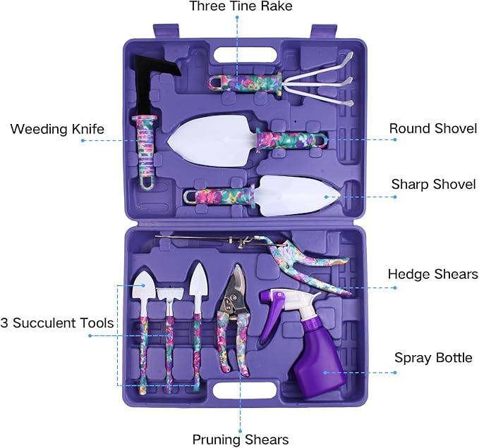 Garden Tools Set JUMPHIGH 10 Pieces Gardening Tools with Floral Print Ergonomic Handle Trowel Rake Weeder Pruner Shears Sprayer Garden Hand Tools with Carrying Case Gardening Gifts for Women Father