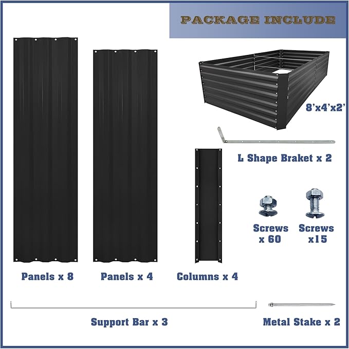 8x4x2FT Metal Raised Garden Bed Kit Galvanized Outdoor Garden Bed Planter Box for Vegetables Flowers Herbs Succulents and More Black